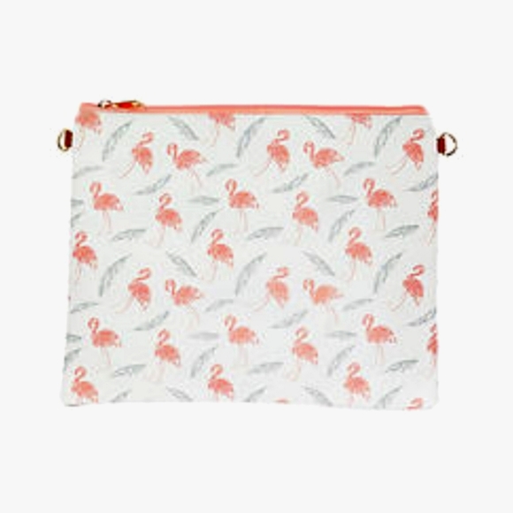 Flamingo and feather design cross body clutch Summer Travel Tropical Make up NWT - Picture 2 of 6